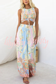 It's Your Vacation Floral Print Elastic Drawstring Waist Pocket Wide Leg Pants