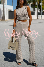 Solid Color Hollow Sleeveless Round Neck Knitted Vest and Stretch Casual Straight Pants Set