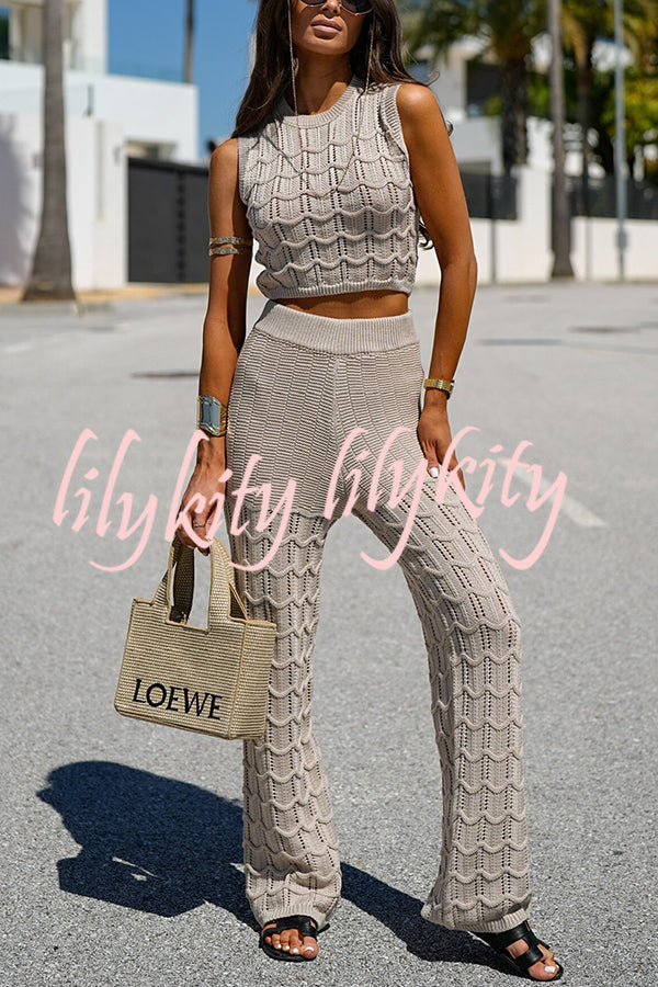 Solid Color Hollow Sleeveless Round Neck Knitted Vest and Stretch Casual Straight Pants Set