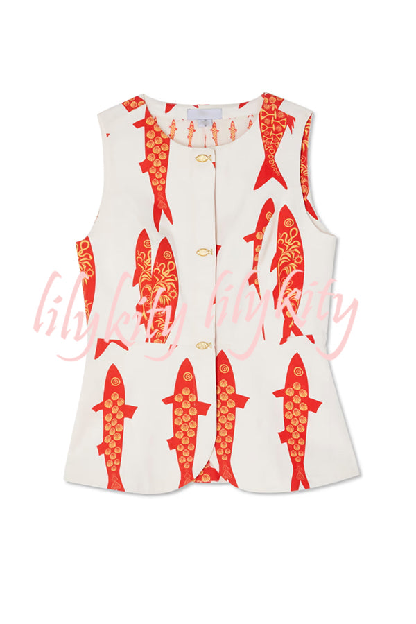 Good Luck Linen Blend Koi Pattern Metal Buttons Waisted Vest