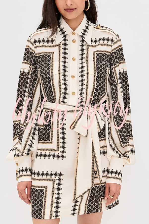 Hildie Unique Print Epaulettes Long Sleeve Flap Pockets Tie-up Waist Shirt Mini Dress