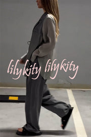 Chic and Elegant Chiffon Patchwork Irregular Lace-up Jacket and Pocketed Straight-leg Pants Set