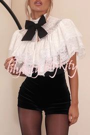 Medieval Style Lace Bow Detail High Neck Open Front Ruffles Cropped Cape Top