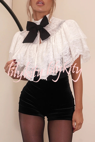 Medieval Style Lace Bow Detail High Neck Open Front Ruffles Cropped Cape Top