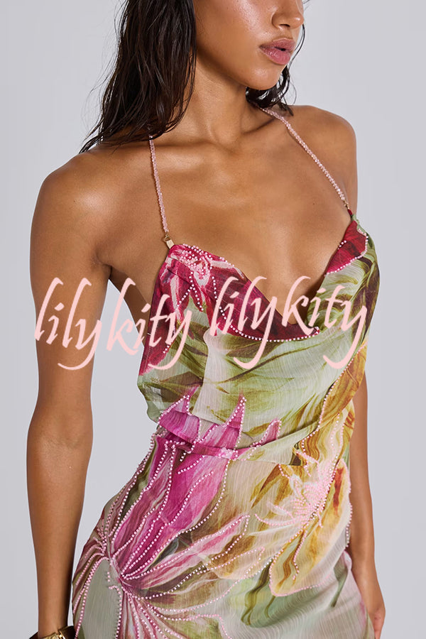 Floral Print Sexy Backless Slit See-Through Holiday Maxi Dress