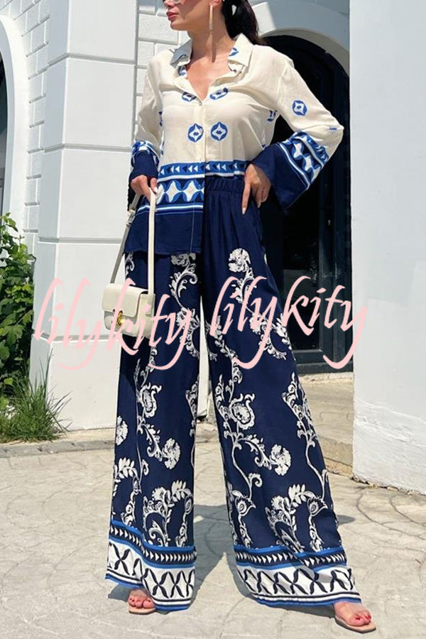 Unique Printed Lapel Long-sleeved Loose Top and Elastic Waist Casual Wide-leg Pants Set