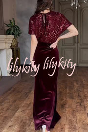 Elegant V-neck Sequined Velvet Stitching Sexy Slit Maxi Dress