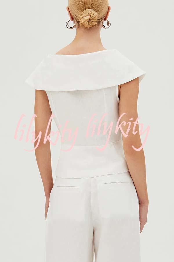 Velena Linen Blend Button Up Lapel Top and High Rise Pocket Wide Leg Pants Set