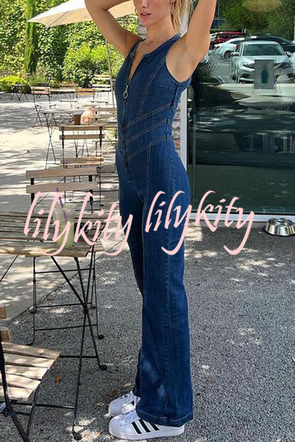 Fashionable Heart Hollow Back Slim High Waist Flared Denim Jumpsuit