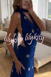 Fashion Polka Dot Print Sexy Halter Neck Backless Maxi Dress