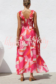 Unique Printed V-neck Ruffled Straps Pleated Back Maxi Dress