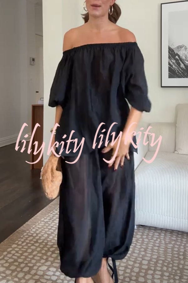 Comfortable Area Chiffon Off Shoulder Balloon Sleeve Top and Elastic Waist Knotted Bloomer Set