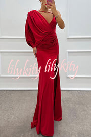 Like Venus One Shoulder Bat Sleeve Ruched Detail Slit Gown Maxi Dress