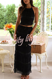 Feel Chic and Romantic Sequin Textured Material Drawstring Waist Tiered Maxi Skirt