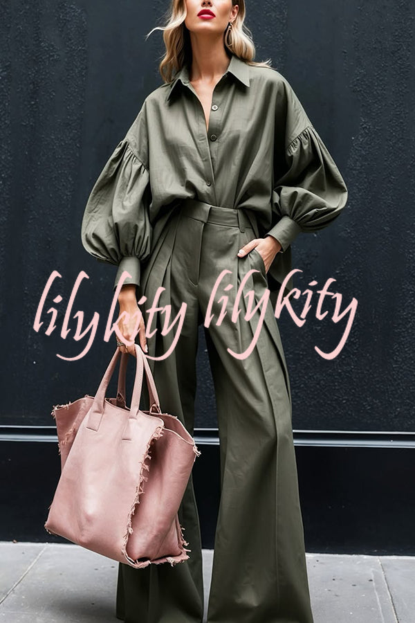 Solid Color Lapel Long-sleeved Loose Shirt and Casual Wide-leg Pants Set