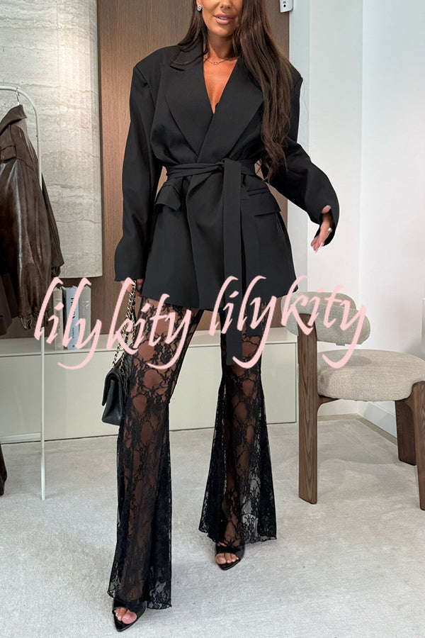 Chic Moment Lapel Long Sleeve Belt Pocketed Oversized Blazer