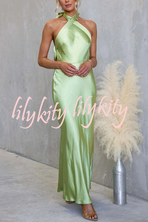 Satin Fashion Halter Backless Slim Elegant Maxi Dress