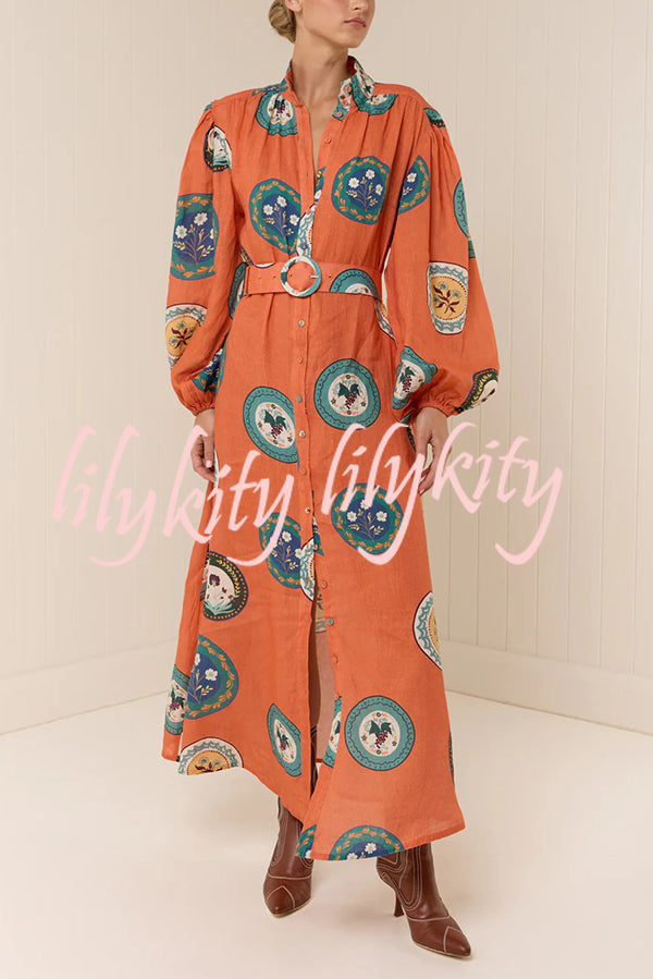 Linen Blend Unique Print Belted Single-breasted Casual Maxi Dress