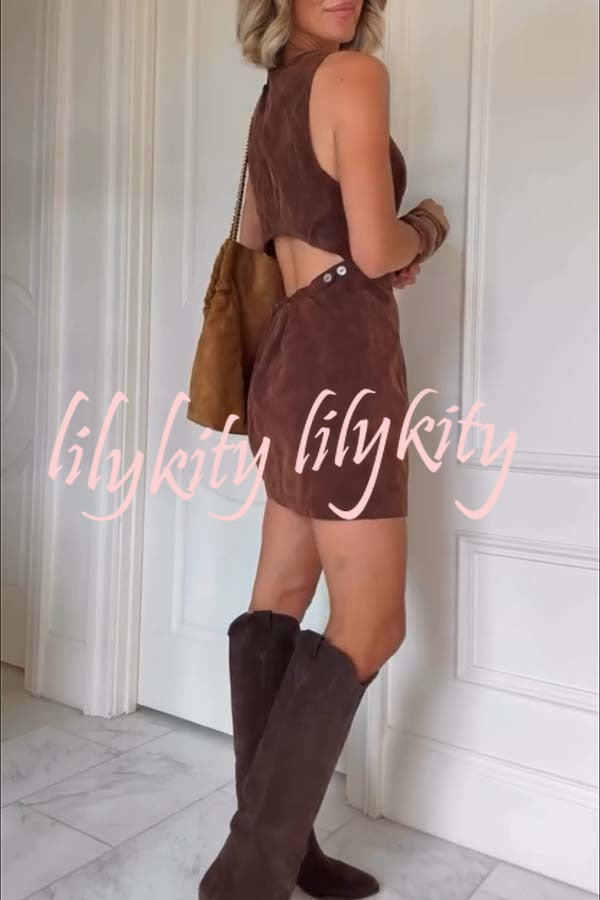 Atlas Faux Suede Open Back Button Accents Zipper Mini Dress