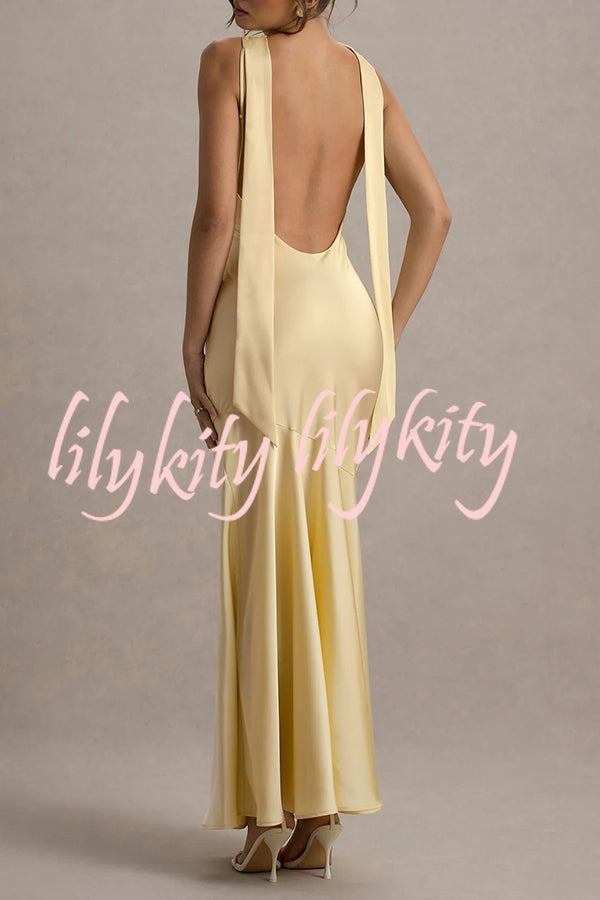 Timeless Sophistication Satin Cowl Detail Back Self-tie Halter Neck Maxi Dress