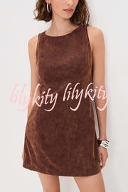 Atlas Faux Suede Open Back Button Accents Zipper Mini Dress