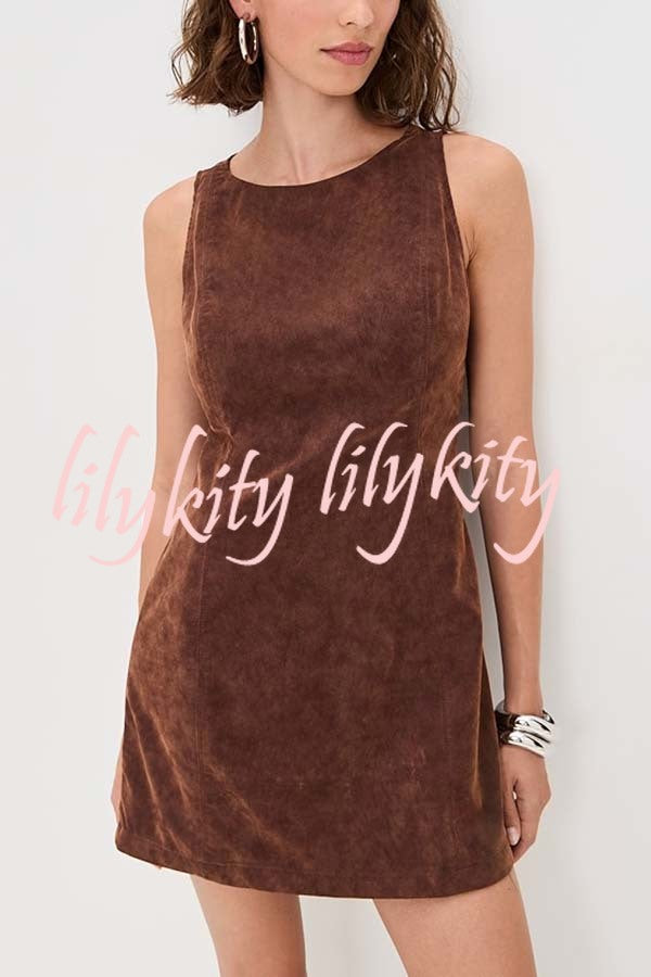 Atlas Faux Suede Open Back Button Accents Zipper Mini Dress