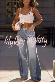 Ellison Denim Side Colorblock High Rise Pocket Wide Leg Jeans