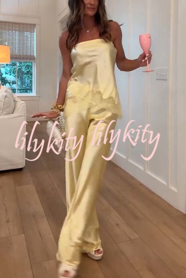 Odessa Satin Floral Lace Hem Strapless Tank and Mid Rise Wide Leg Pants Set