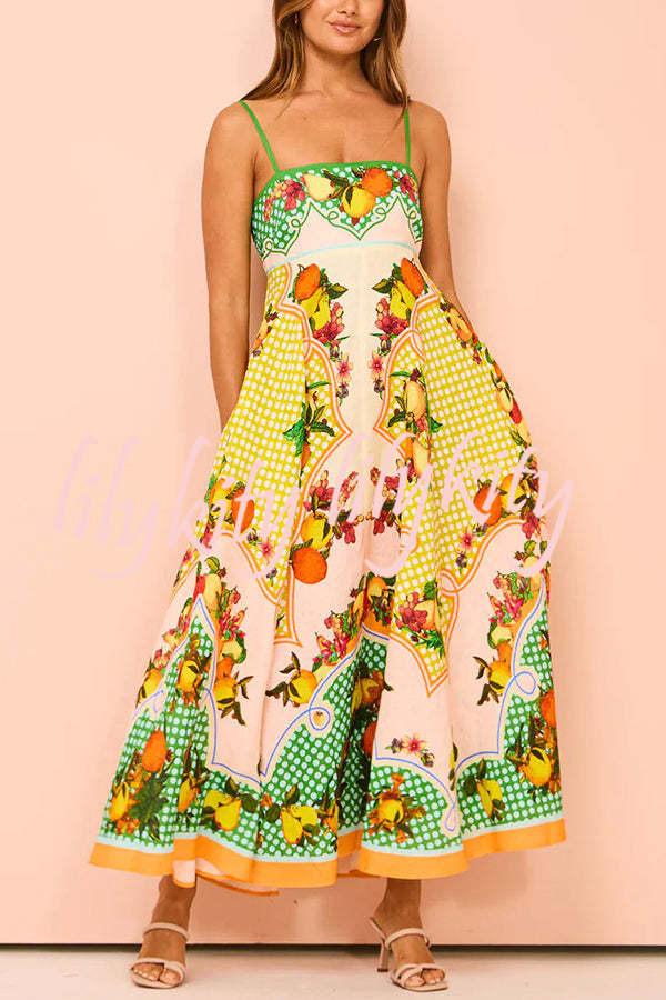 Enjoy Summer Lemon Linen Blend Unique Print Smocked Back Pocket Maxi Dress