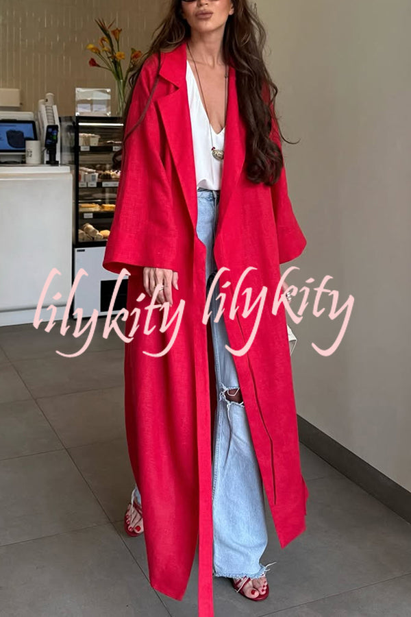 Linen Blend Solid Color Casual Lapel Tie Loose Maxi Dress