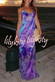 Floral Print Sexy Backless Slit See-Through Holiday Maxi Dress