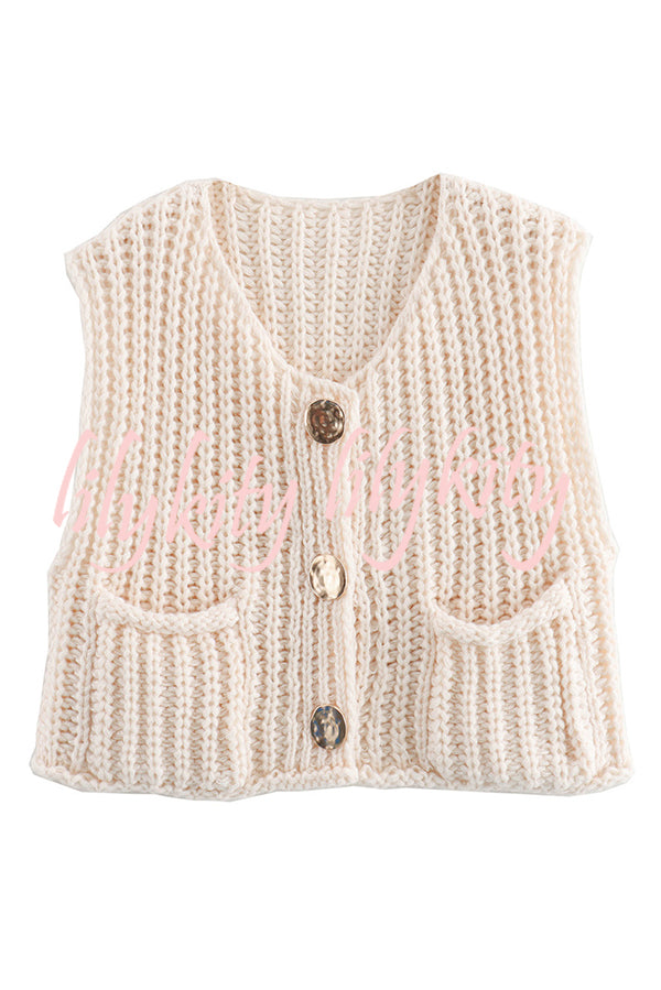 Solid Color Sleeveless Pocket Knitted Vest