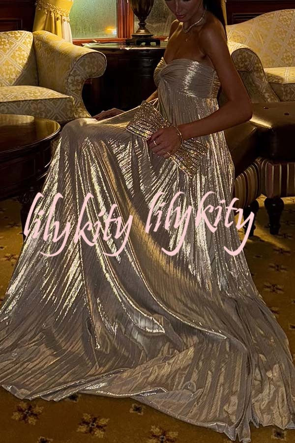 Night Elf Metallic Fabric Pleated Off Shoulder Twist Bust Slit Maxi Dress