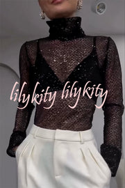 Shimmering Twilight Sequin Turtleneck Long Slit Sleeve H-line Blouse