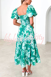 Petal Princess Unique Print Smocked Waist Puff Sleeve Midi Dress