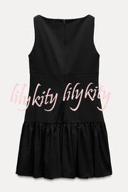 Solid Velvet Bow Embellished Sleeveless Mini Dress