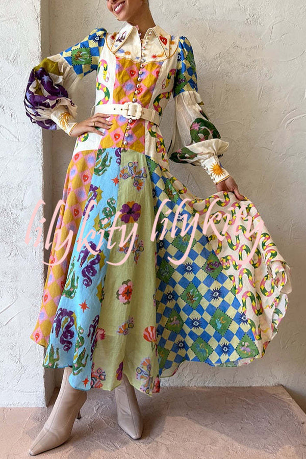 Bold and Chic Irregular Unique Print Balloon Sleeve Belt Shirt Midi Dress