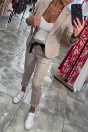 Smart Casual Lapel Blazer and Elastic Waist Tie Pocket Pants Set