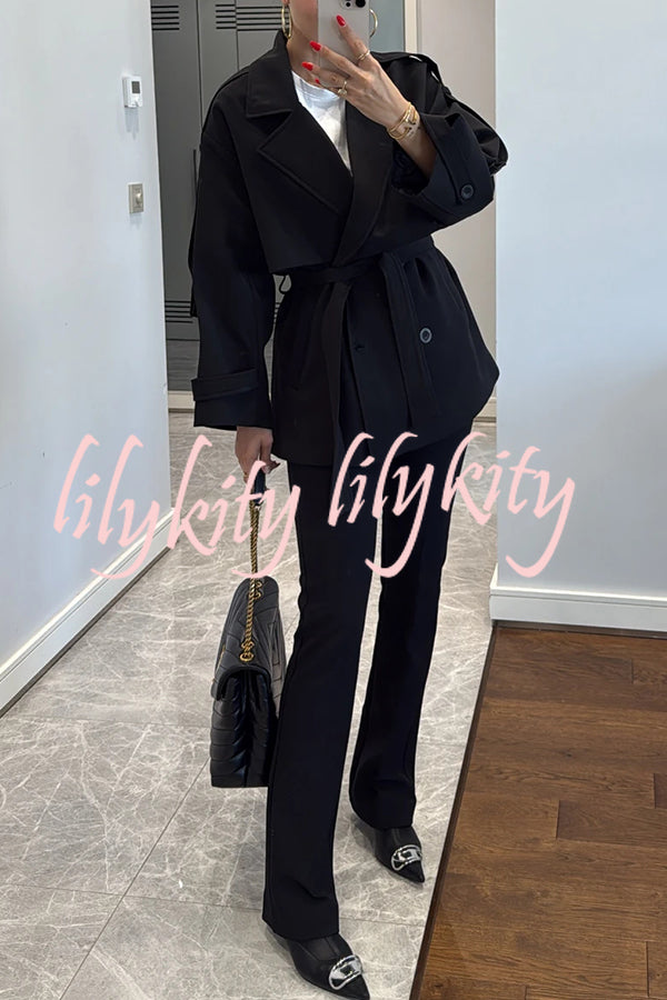 Modern Urban Dropped Shoulder Strap Button Detail Belted Lapel Loose Trench Coat