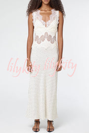 Wonderful Fusion Satin Lace Trim Poka Dot V-neck Drape Maxi Dress