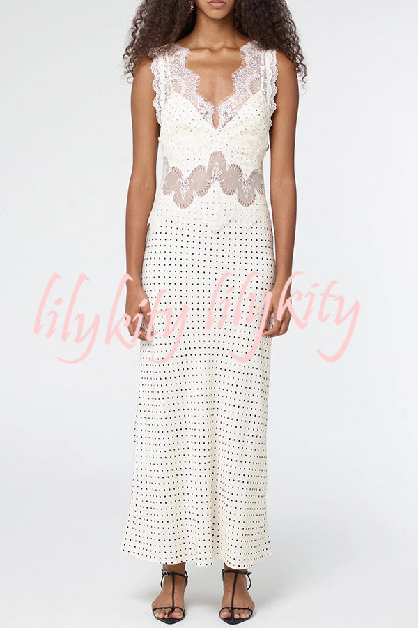 Wonderful Fusion Satin Lace Trim Poka Dot V-neck Drape Maxi Dress