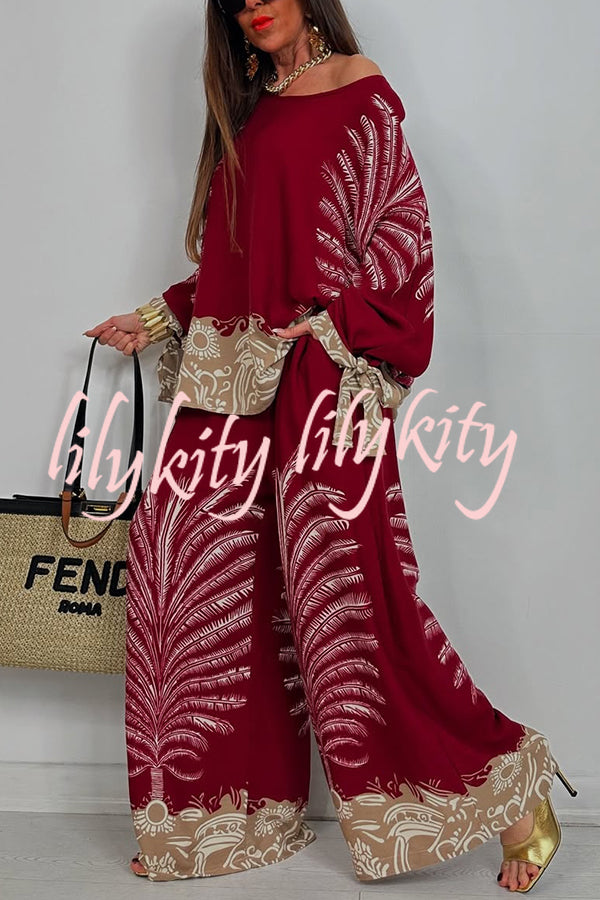 Unique Print Loose Drawstring Long Sleeve Top and Elastic Waist Casual Pocket Wide Leg Pants Set