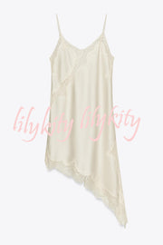 Satin Lace Trim V-neck Asymmetrical Hem Slip Mini Dress
