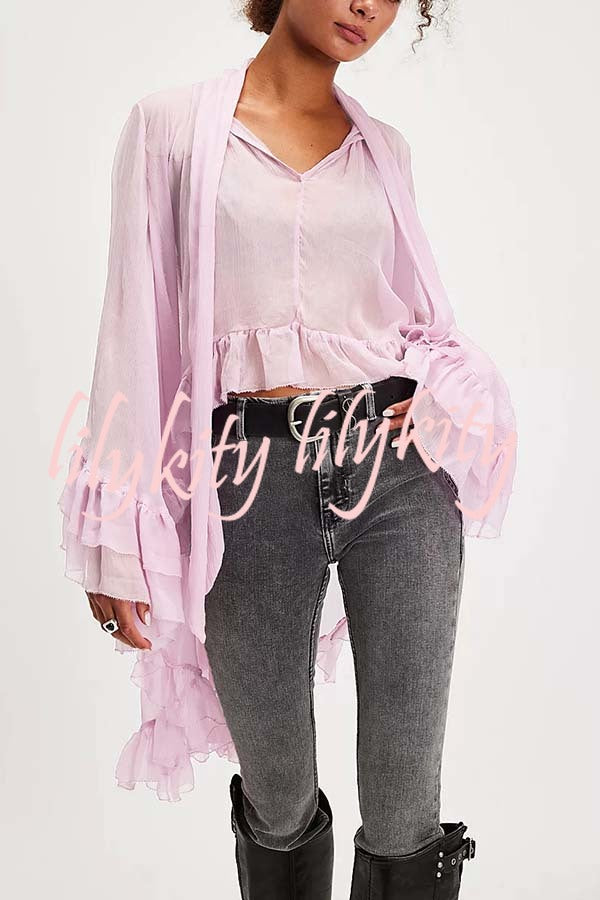 Flowy See-through Ruffle Tie-up Neck Bell Sleeve High-low Hem Cape Shirt