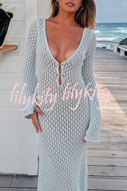 V Neck Button Down Knitted Cutout Long Sleeved Cover Up