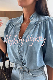 Fashion V-neck Button-down Lantern Sleeve Casual Denim Shirt