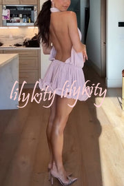 Ballerina Chic High Cowl Neck Pleated Wavy Ruffles Hem Backless Mini Dress