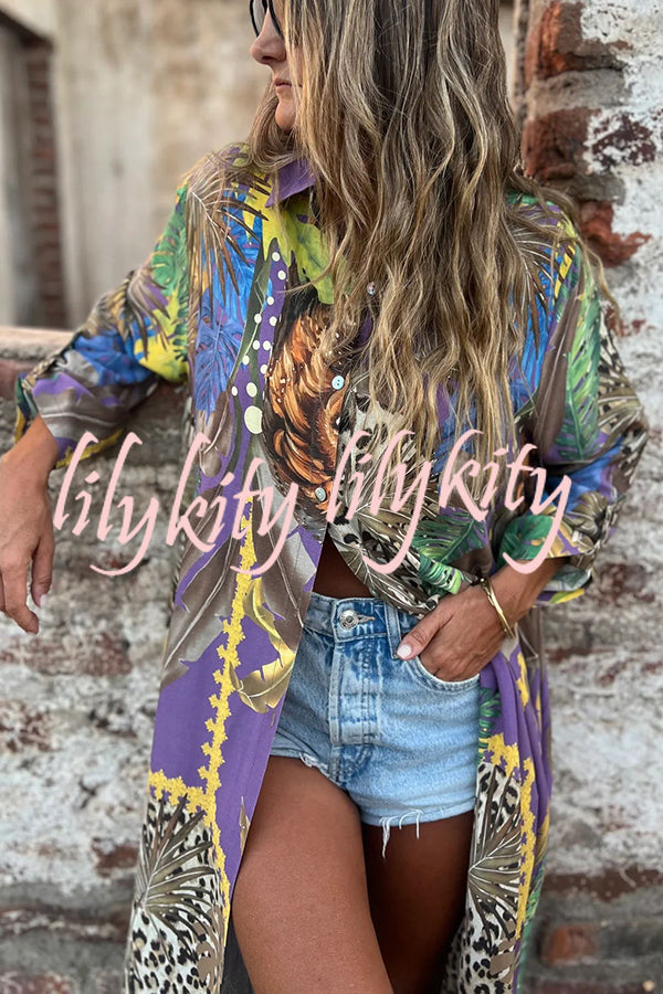 Jungle Miracle Animal Unique Print Button Long Sleeve Midi Relaxed Blouse