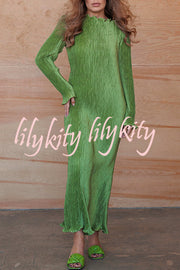 Hansin Satin Pleated Fabric Long Sleeve Wavy Trim H-line Slit Midi Dress