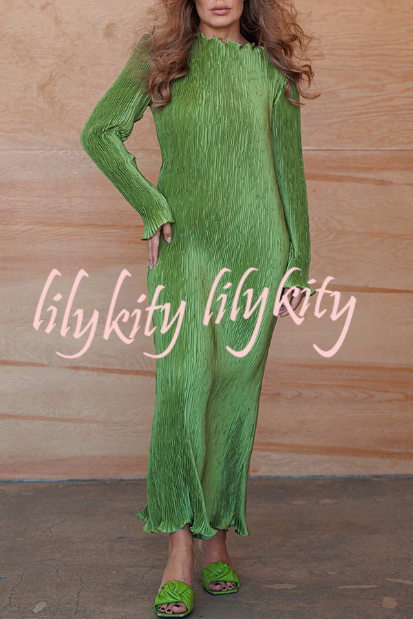 Hansin Satin Pleated Fabric Long Sleeve Wavy Trim H-line Slit Midi Dress